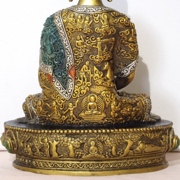 SHAKYAMUNI-BUDDHA STATUE-Bronze Metal Large Painted with Micro Carvings of Story - Picture 9 of 11